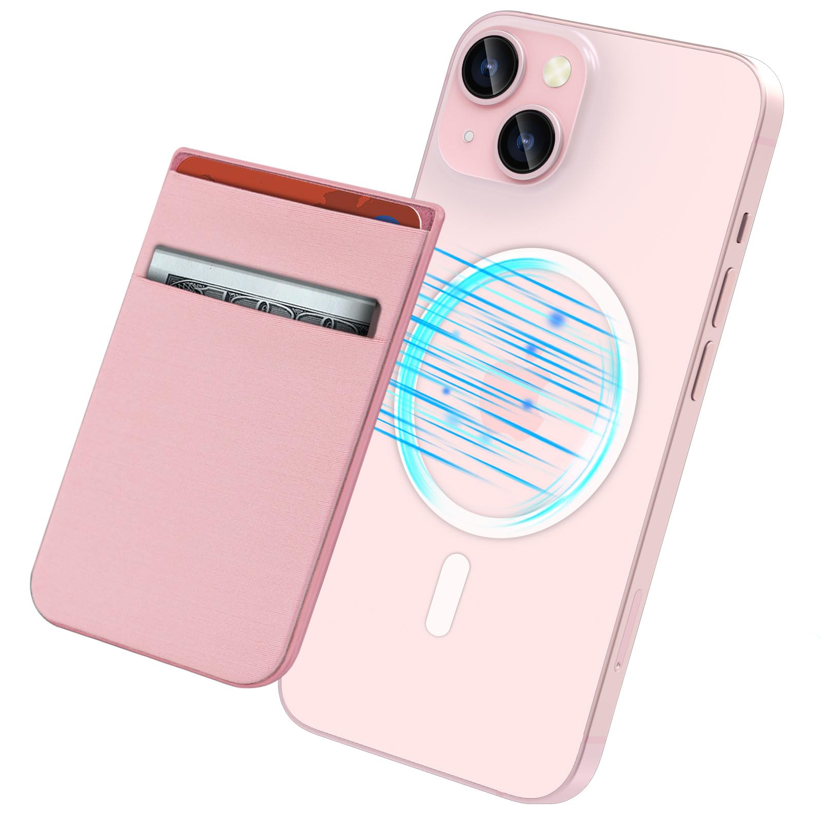 imluckies Magnetic Card Holder Wallet Compatible with MagSafe Wallet for iPhone 17 16 15 13 14 12 Series, Double Stretchy Fabric Pockets with RFID Blocking Support Max 5-7 Cards, Pink