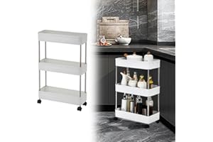 3-Tier Slim Storage Cart, Bathroom Organizer Rolling Utility, Mobile Shelving Unit Slide Out, Plastic and Stainless Steel for