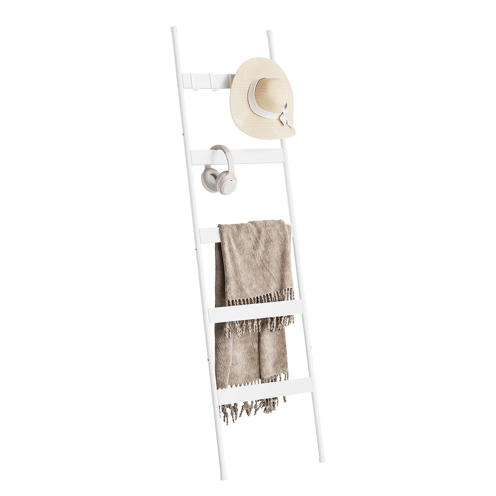 Photo 1 of ***PARTIAL SET - PRICE ADJUSTED***
ELYKEN Blanket Ladder for Living Room, Farmhouse 5-Tier Quilt Holder with 4 Removable Hooks for Bathroom, Wood Towel Rack Display, Wall Anchor Leaning Decorative Stand for Home, White