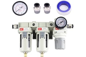 RIH Pneumatics DFR-03 3/8'' NPT Compressed Air Double Filter & Regulator, Air Drying System, Air Compressor Water Separator, Semi -Auto Drain, Poly Bowl,0-150 psi Gauge, 5 Micron Brass Element