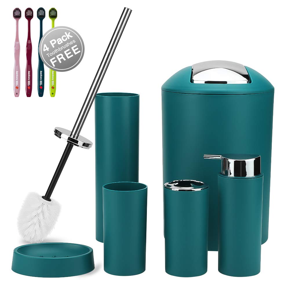 Otostar Bathroom Accessory Set 6 Pcs Plastic Bath Accessories Lotion Bottles,Toothbrush Holder, Soap Dish,Toilet Brush with Holder,Trash Can,Tooth Mug Decor Housewarming Toothbrush Gift (Dark Green)