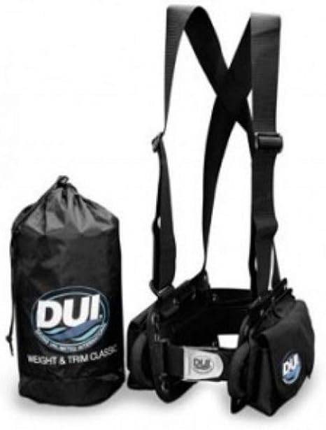 DUI Classic drysuit showing adjustable weight pouches and lanyard retention