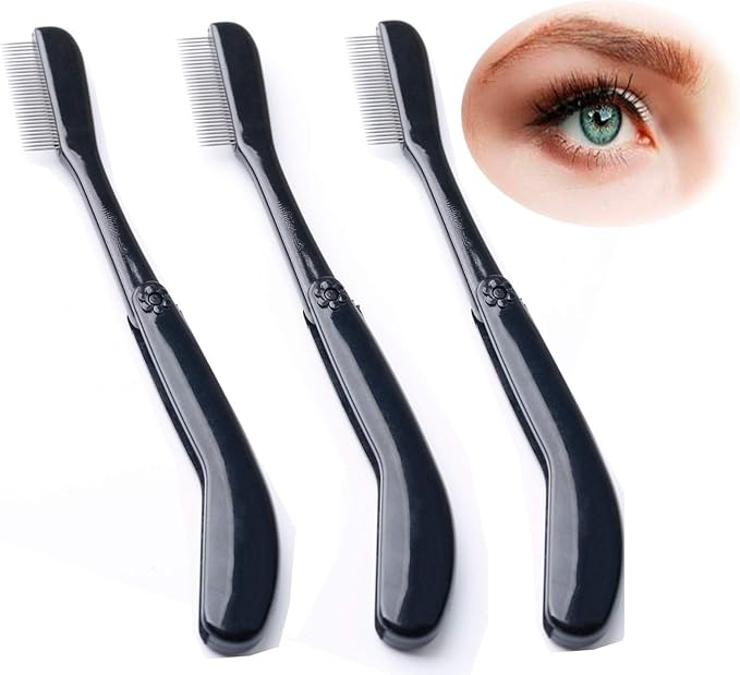 3 PCS Portable Folding Eyelash Combs,Eyebrow Comb Stainless Steel Teeth