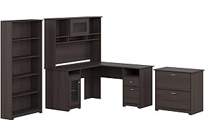 BUSH HOME Bush Furniture L Shaped Desk with Hutch, 5 Shelf Bookcase and Lateral File Cabinet | Cabot Collection Corner Computer Table with Storage and Bookshelf