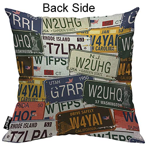 Mugod USA License Plate Pillowcase Retro Car Utah Washington Rhode Island Carolina Print 18"x 18" Soft Square Cotton Linen Pillow Case Cushion Cover Home Decorative for Men Women Boys Girls