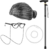 Matiniy Old Lady Costume for Girls,100 Days of School Old Lady Wig Set Include Wig,Glasses,Necklace,Glasses Chain and Cane