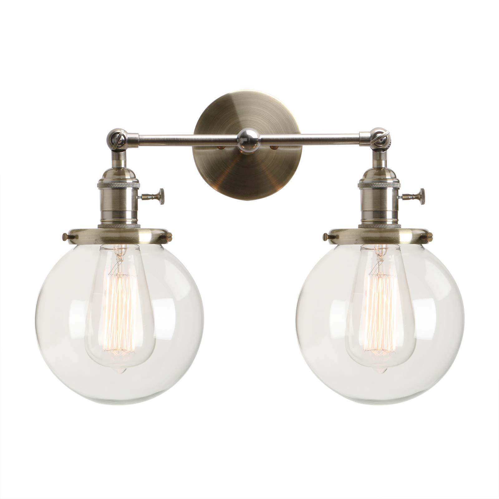 Permo Double Sconce Vintage Industrial Antique 2-Lights Wall Sconces with Dual Mini 5.9" Round Clear Glass Globe Shade (Bronze)