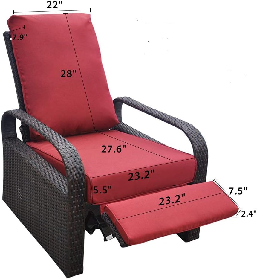Outdoor Resin Wicker Patio Recliner Chair with Cushions, Patio Furniture Auto Adjustable Rattan Sofa, UV/Fade/Water/Sweat/Rust Resistant, Easy to Assemble (Red) : Garden & Outdoor