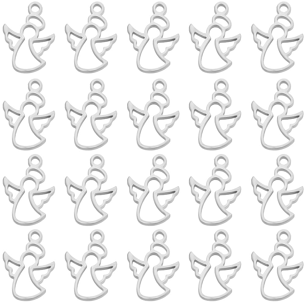SUNNYCLUE 1 Box 30Pcs Angel Charm Silver Fairy Charms Bulk Hollow Guardian Angels Tibetan Style 304 Stainless Steel Wings Pendant Charm for Jewellery Making Charms Christmas Bracelet Necklace DIY