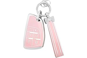 PIFOOG Key Fob Cover for GMC Yukon 2023 2022 2021 Chevy Chevrolet Tahoe Suburban 1500 Accessories 6 Button Car Keys Case Shell Protector Bling Keychain Girly Women Pink Silver TPU