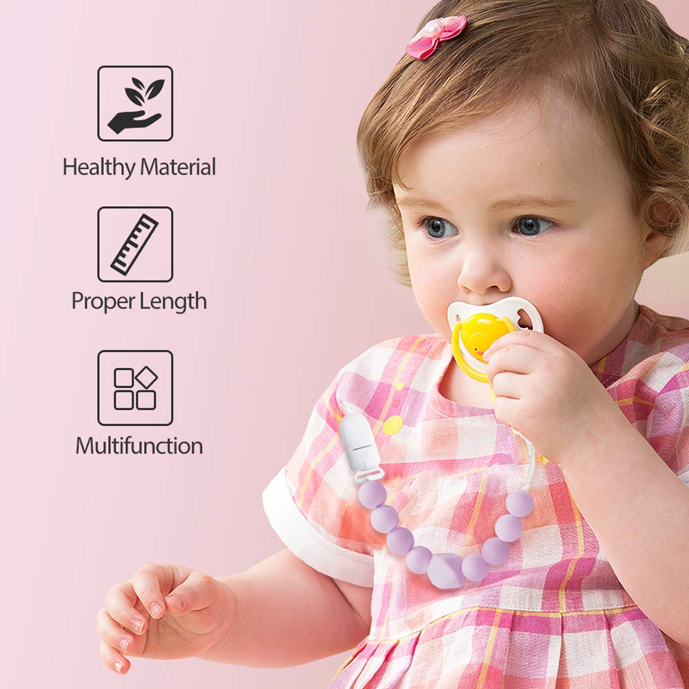 Yoofoss Pacifier Clip Silicone 4 Pack for Baby Girls BPA Free Teething Beads Fits Most Pacifier Styles & Teething Toys (Light Purple） : Baby