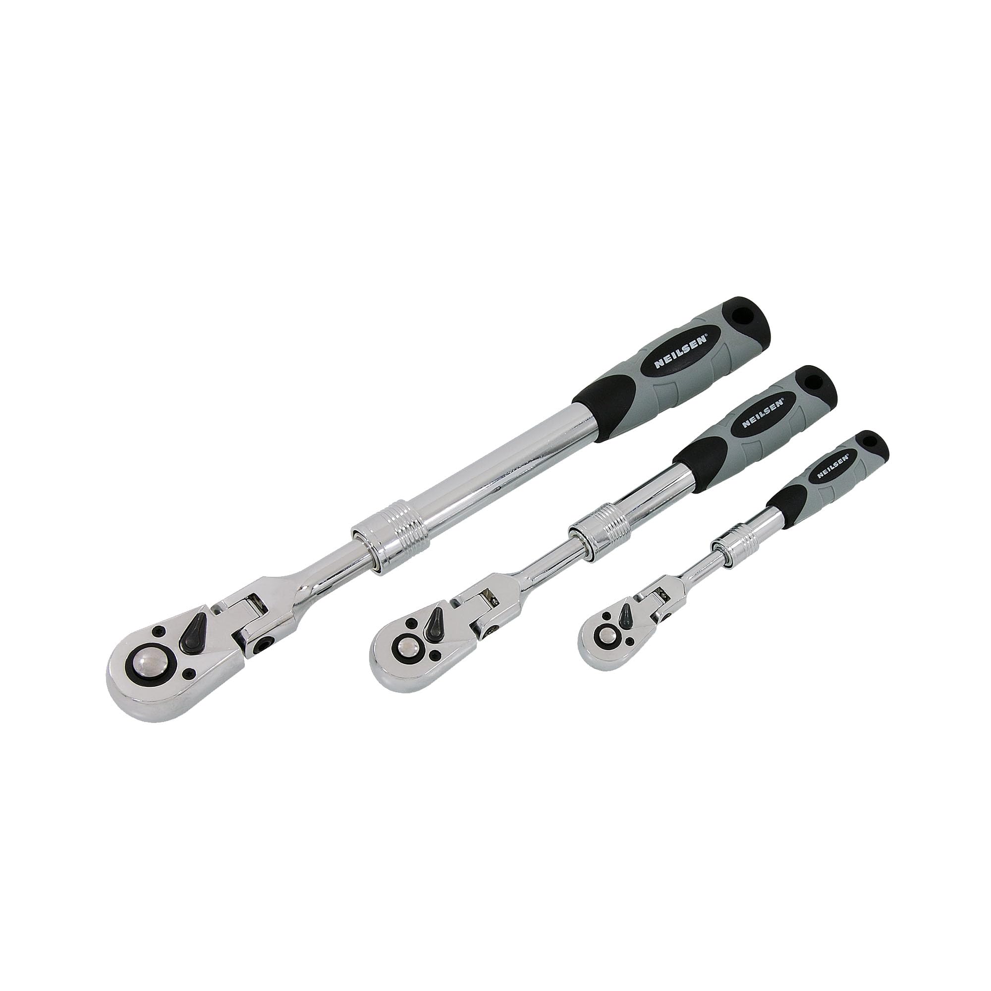 Neilsen CT5797 3pc Extending Ratchet with 18 Degree Swivel Head Set - Includes 1/4in, 3/8in, and 1/2in Drive with 72 Tooth Mechanism