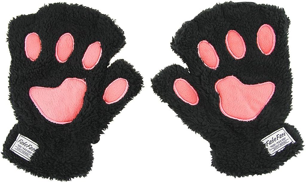 FakeFace Cute Cat Kitten Paw Fingerless Faux Fur Plush Gloves For Girls Women, Black, Small at  Women’s Clothing store