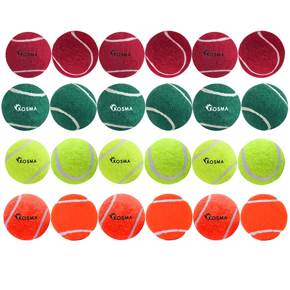 Kosma Pack of 24 Tennis Balls | Training Ball for Dogs, Super Bounce, Perfect for Begginer Cricket Training Practice (With carry bag - 6 Pc each Red, Orange, Yellow, Green)