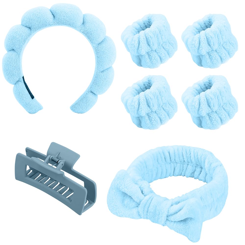 7 Pcs Spa Headband Set with Makeup Wristband, Hairpin & Bow for Face Wash, Skin Care, and Shower Hair Accessory (Blue)