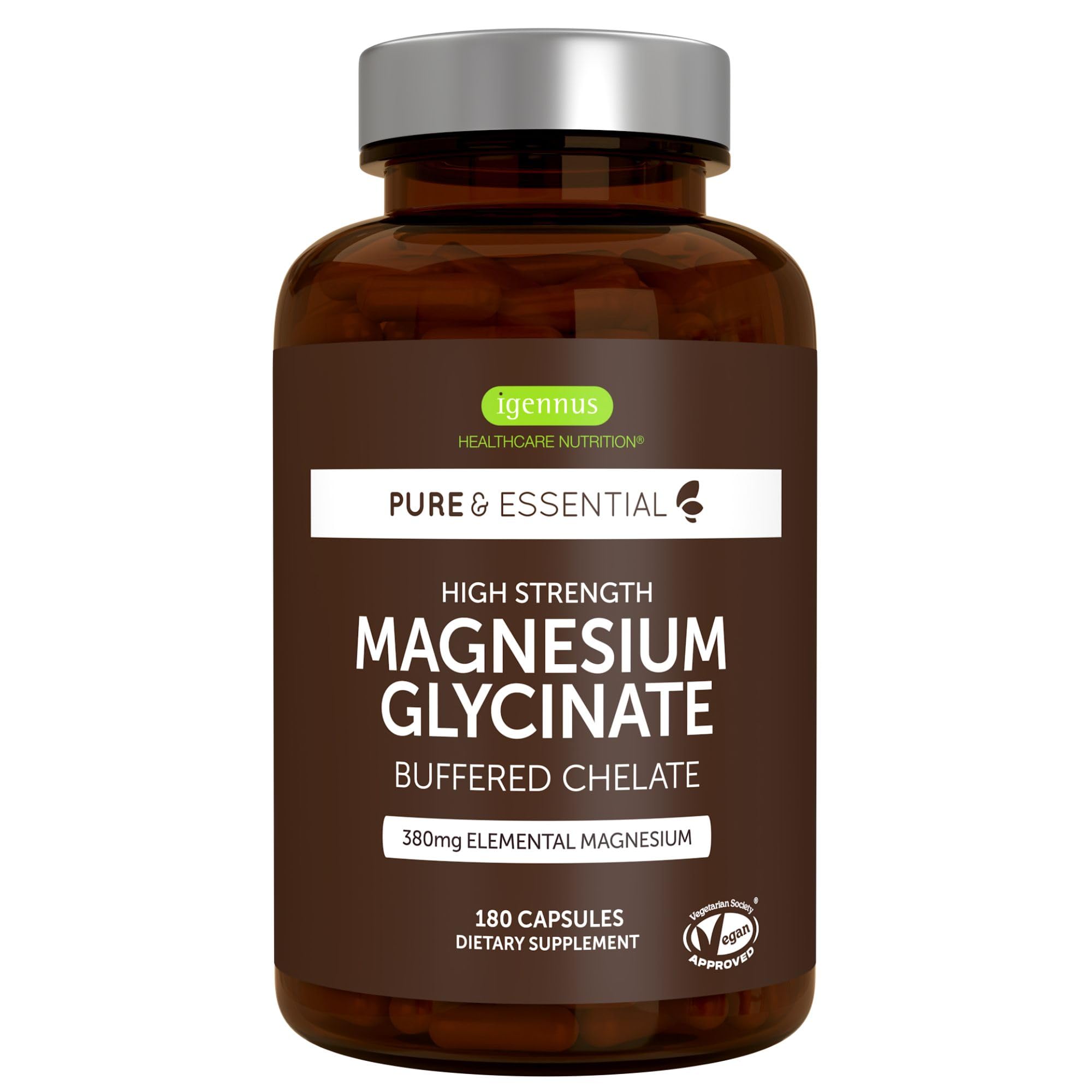 Igennus Highest Strength Chelated Magnesium Glycinate 1300mg, 380mg Elemental, 90 Servings, Pure & Clean Buffered Magnesium Bisglycinate, Vegan, 180 Capsules