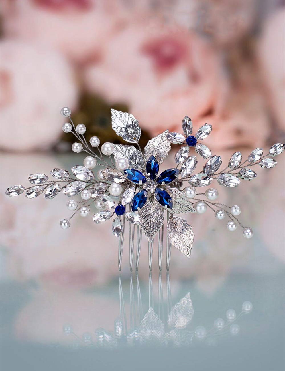 Anglacesmade Bridal Sapphire Crystal Hair Comb Pearl Blue Crystal Leaf Marquise Hair Piece Prom Party Festival Wedding Hair Accessories for Women and Girls (Silver)