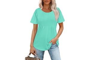 AMOBER Womens Summer Tops Casual Puff Short Sleeve Pleated Crew Neck Blouses Dressy Cute Trendy Loose T Shirts
