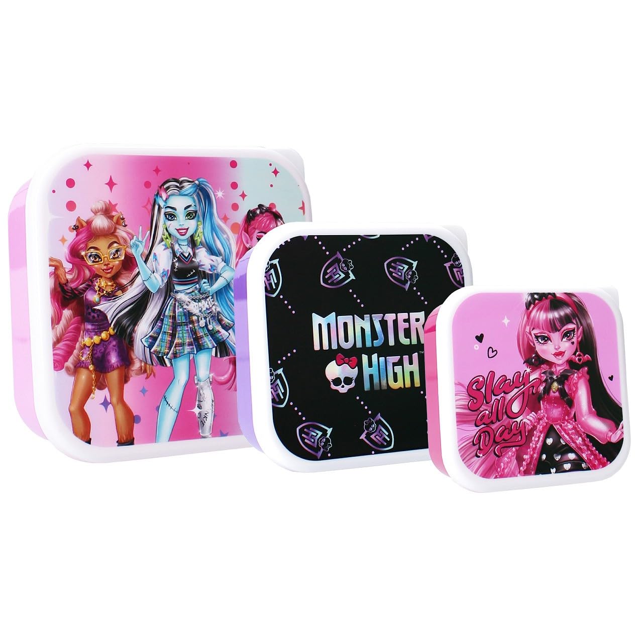 Vadobag Monster High Let's Eat! 3 Snackbox Plastic Snack Box with Lid - 3in1 - Various Sizes 12 x 12 x 6 cm - 11 x 11 x 5 cm - 9 x 9 x 4 cm - Original