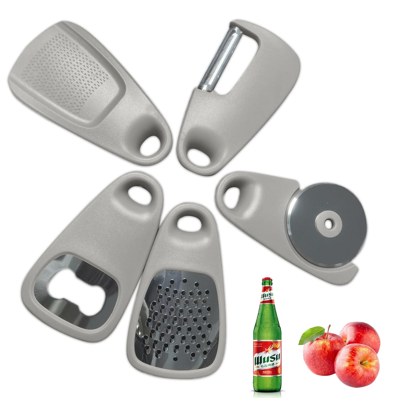 5 Pieces Kitchen Gadgets Space Saving Kitchen Accessories Cheese Grater, Fruit/Vegetable Peeler, Pizza Cutter, Garlic/Ginger Grinder, Bottle Opener, Stainless Steel Kitchen Camping Accessories