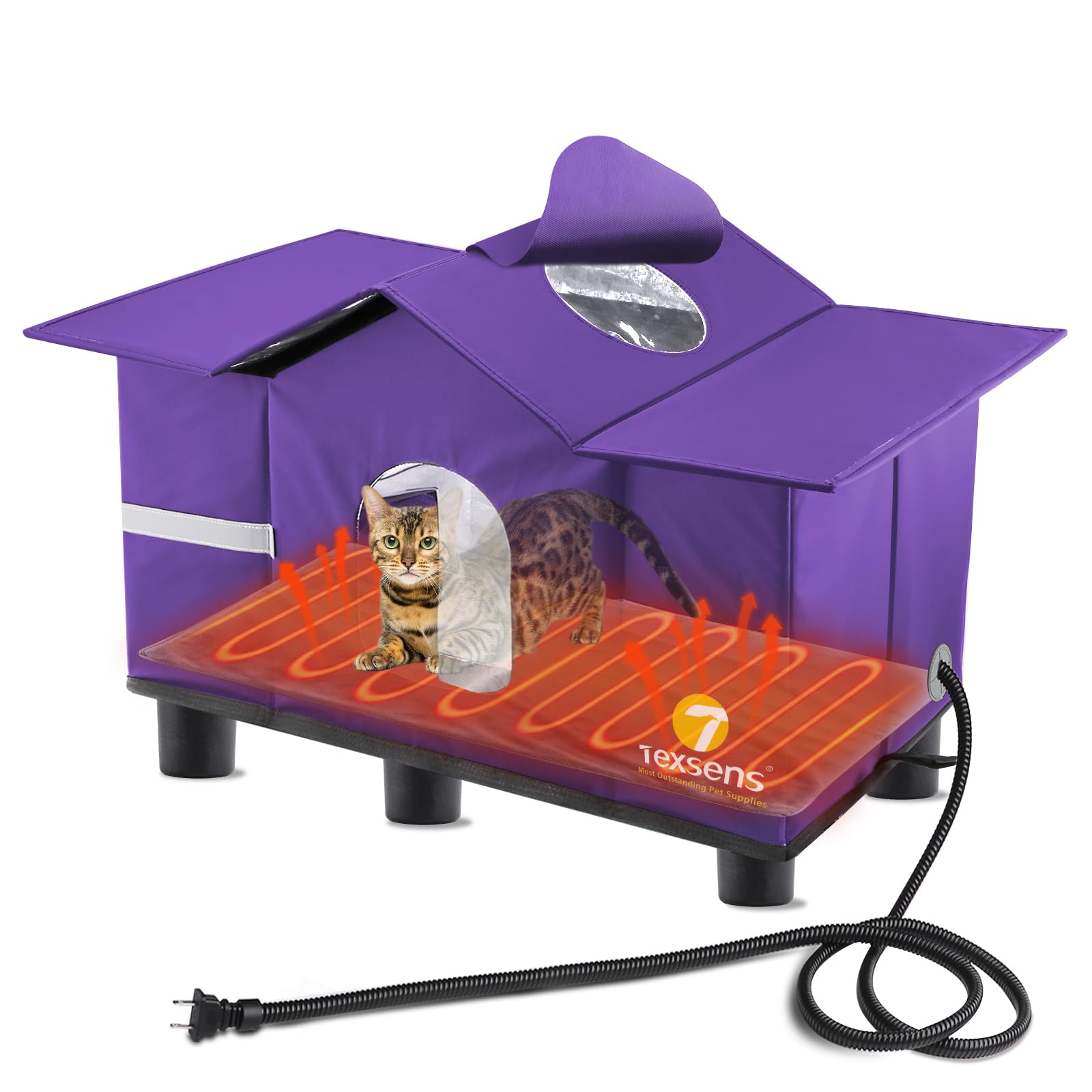 Texsens Heated Cat House for Outside Winter - Weatherproof Large Outdoor Cat Shelter with Roof Window- Insulated Elevated House for Stray/Barn Cats - Ideal Waterproof Feral Cat House (Heated-Purple) Image