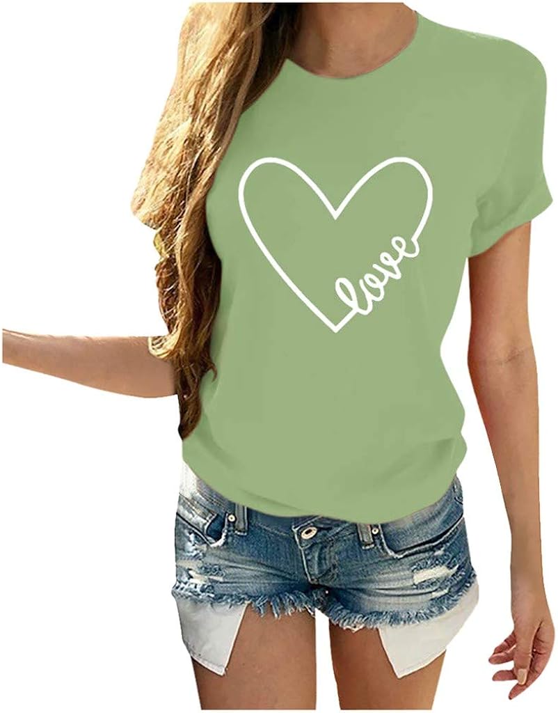 ZEFOTIM Casual Printing Shirt for Women, Heart Print T-Shirt Short Sleeve Tops Tee