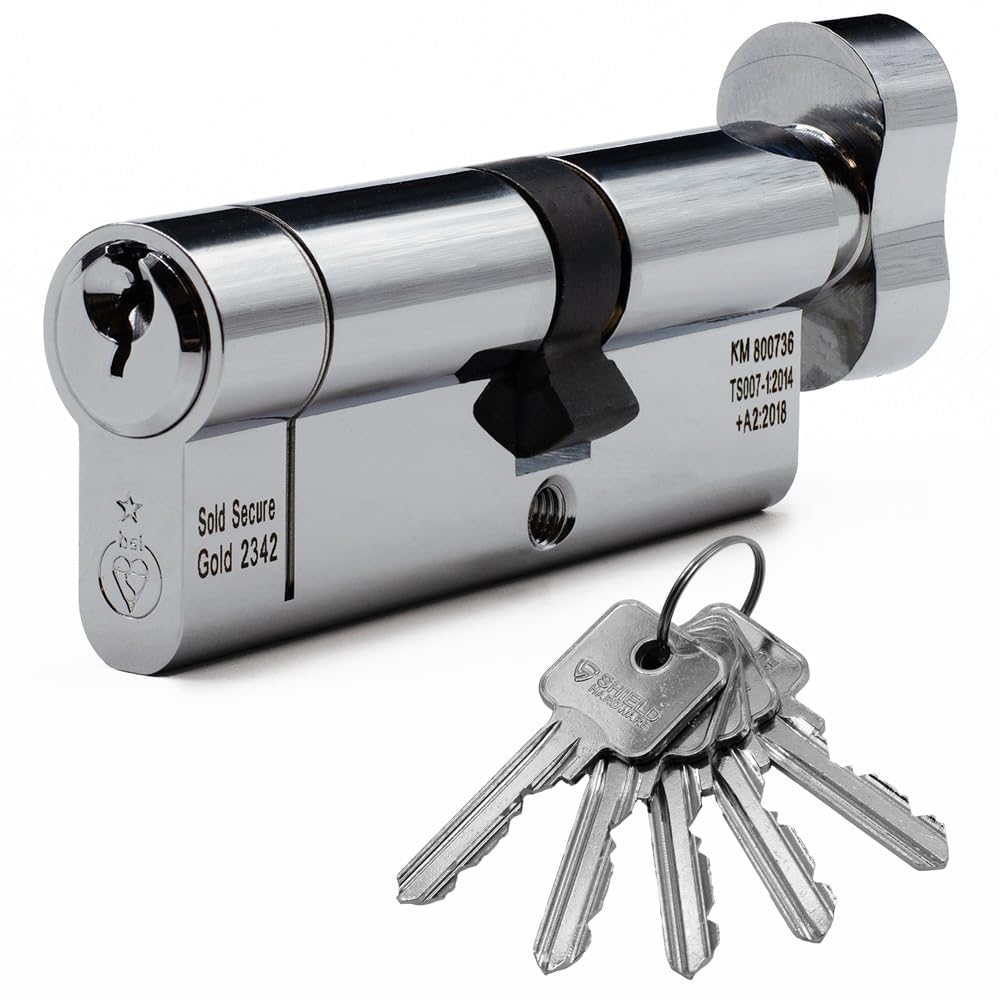 Euro Cylinder Door Lock Thumb Turn Chrome - BSI TS007 Sold Secure Gold Anti-Snap - Includes 5 Keys 35T/35