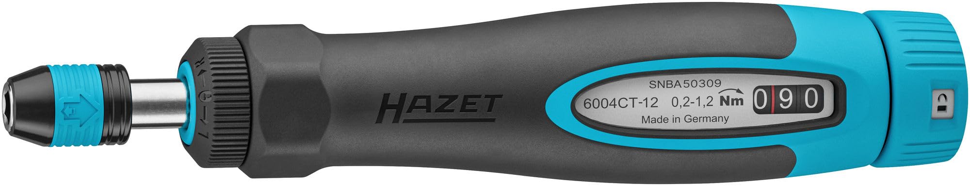 Hazet Torque Screwdriver 6004CT-12, 1/4 Inch with Standard Handle, 0.2-1.2 Nm, 6% Accuracy, 196 mm Length, Switchable Right/Left, Freewheel Mechanism