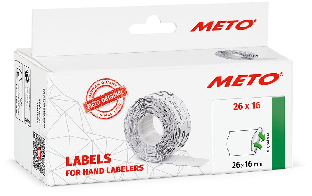 Meto Labels for Hand Labelers (26×16 mm, Two-line, 6,000 Labels, White, Removable, for Meto, Contact, Sato, Avery, Tovel, etc.)