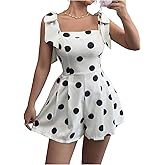 WDIRARA Women's Polka Dots Tie Shoulder Romper Square Neck Wide Leg Shorts Jumpsuit