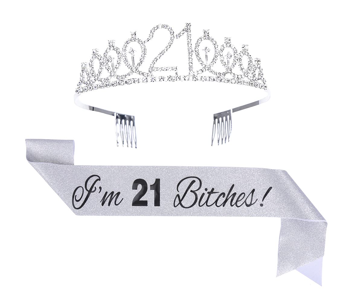 Topfunyy 21st Birthday Tiara and Sash Set - 'I'm 21 Bitches' Silver Sash Crystal Crown Birthday Gift for Girls 21st Birthday Party Supplies