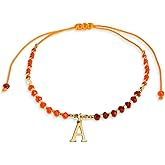 Agriajun Orange Ruby Gold Beaded Natural Stone Initial Bracelets for Women Teen, Boho Handmade Personalized Gemstone Beads Letter Name Braided Rope Adjustable Bracelet Bohemian Jewelry Gift