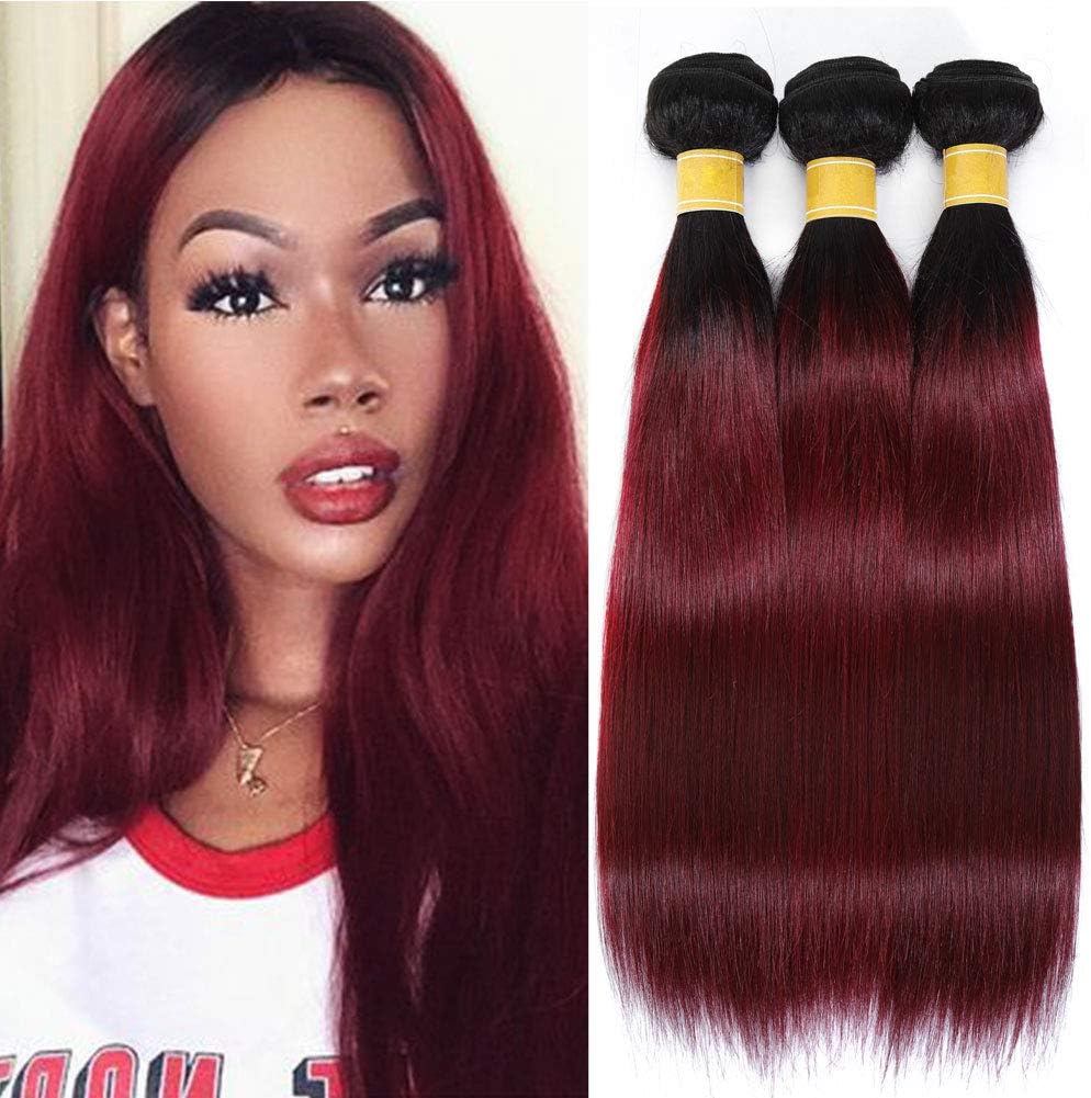 Black Rose Hair Two Tone Straight Ombre Hair Extensions 7A Peruvian Virgin Hair Straight Human Hair Weave 3 Bundles 1B/99J Black+Burgundy 100g/pcs (16" 18" 20")