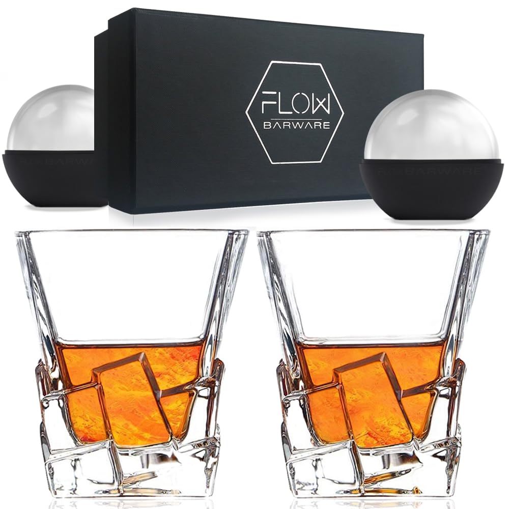 FLOW Barware Iceberg Whiskey Glasses Set of 2 | Whisky Glass Gift Set with Unique Design & Heavy Base, Includes 2X Ice Ball Mould | Whiskey Tumblers for Scotch Bourbon Gin, Rum & Vodka