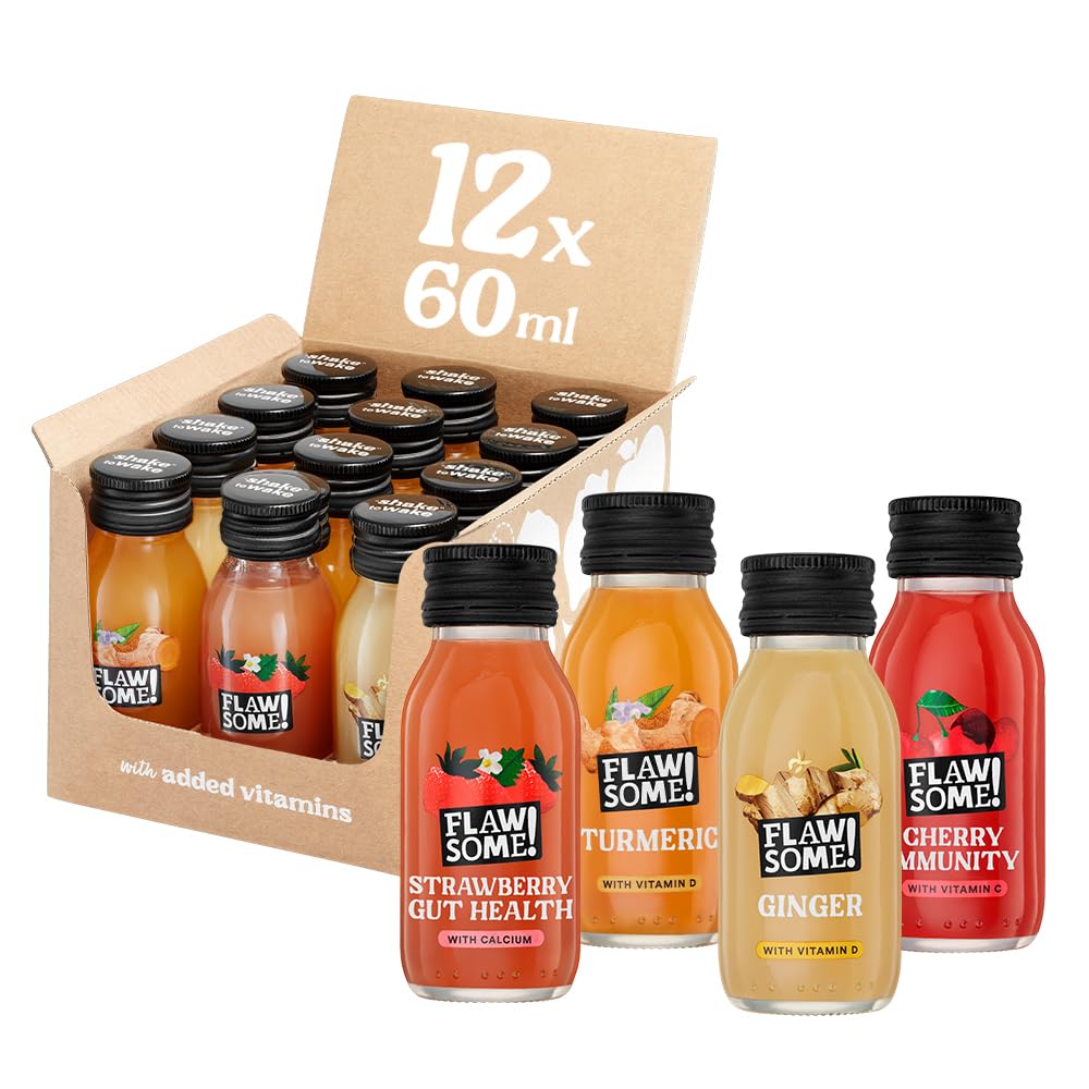 Flawsome! Vitamin & Prebiotic Shots Variety Pack (12x60ml) | Packed with Vitamin C & D & Prebiotic Fibre | Whole Ingredients, Nothing Artificial, No Added Sugar, Vegan | BCorp Certified