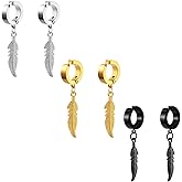 Rofusn 3Pairs Vintage Gothic Feather Leaf Dangle Hoop Earrings for Men Womens, Stainless Steel Hinged Hoops Earrings