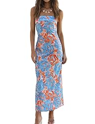 Realtix Summer Satin Print Backless Tube Tops Maxi