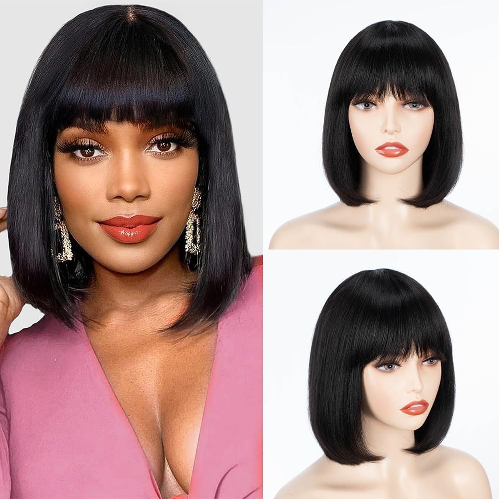 FASHION IDOL Bob Human Hair Wig with Bangs for Black Women Short Straight Hair 12 Inches Natural Black Glueless Machine Made Short Bob Wigs