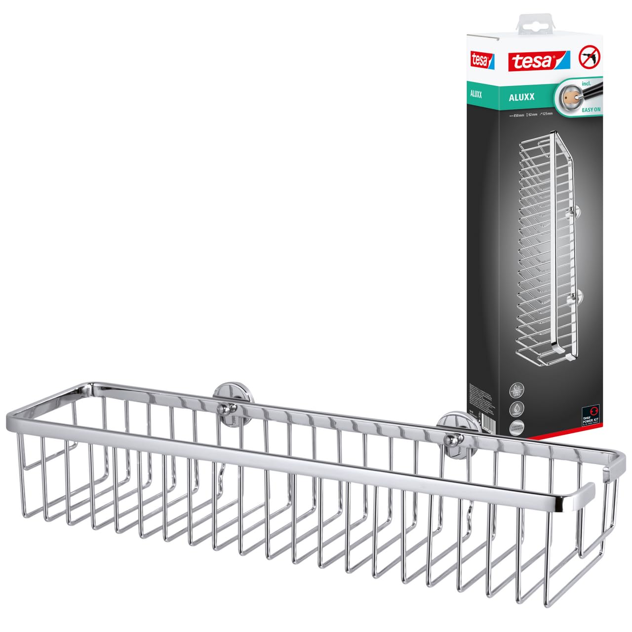 tesa Aluxx Wide Shower Storage Basket, high Gloss Chromed Aluminum, self-Adhesive, Adhesive mounting Technology, 92mm x 450mm x 125mm