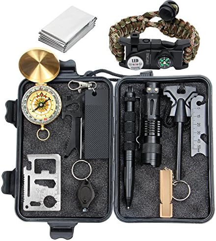 Epartswide Survival Kit 12 in 1 Lifesaving Emergency Tools with SOS Survival Bracelet Flashlight Portable Knife Compass Emergency Blanket Fire Starter Whistle Tactical Pen for Camping Hiking Climbing