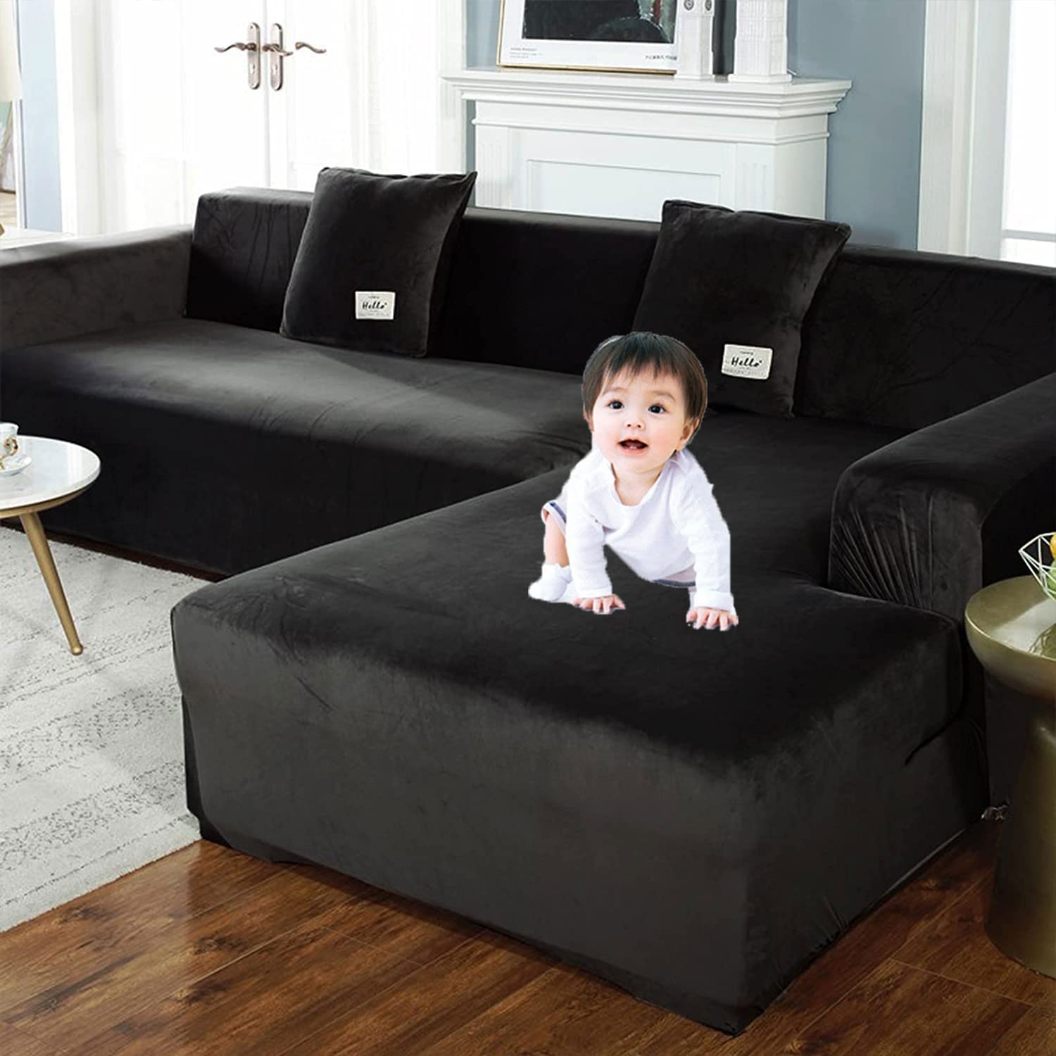Photo 1 of Stretch Sofa Slipcover L Shape Sofa Covers for Sectional Sofa Set,Couch Covers Chaise Lounge Covers for Dogs Pets Kids,Furniture Protector Covers for 3 Cushion Couch for Living Room(Black,3+3 Seat)