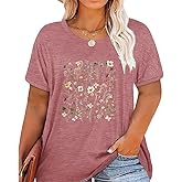 GeLivable Women Short Sleeve Plus Size O-Neck Vintage Flower Botanical Graphic Printed Shirt Casual Top Tshirt Tunics