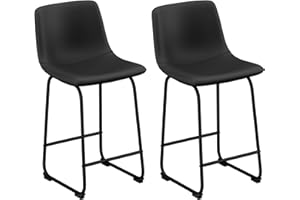 Aowos Bar Stools Set of 2, Modern Counter Height Bar Stools with Back, 26inch Faux Leather Bar Stools with Metal Legs and Footrest, Urban Armless Dining Chairs for Kitchens Island (Black)