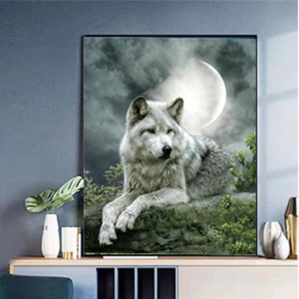 CaptainCrafts Paint by Numbers Kits Adults Beginners, DIY Oil Painting by Number Set with Brush and Acrylic Pigment - Wolf Under The Moon for Gift Home Wall Decor 16x20 inch (With Frame)