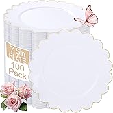 LIYH 100 Pcs Gold White Dessert Plates - 7.5" Disposable Fancy Cake Plates - White with Gold Rim Premium Hard Appetizer Cake Plastic Wedding Plate for Party,Bridal Shower,Birthday,Valentine's Day