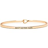by you Inspirational Positive Message Engraved Thin Cuff Bangle Hook Bracelet (Best Sister Ever -Rose Gold, Brass)
