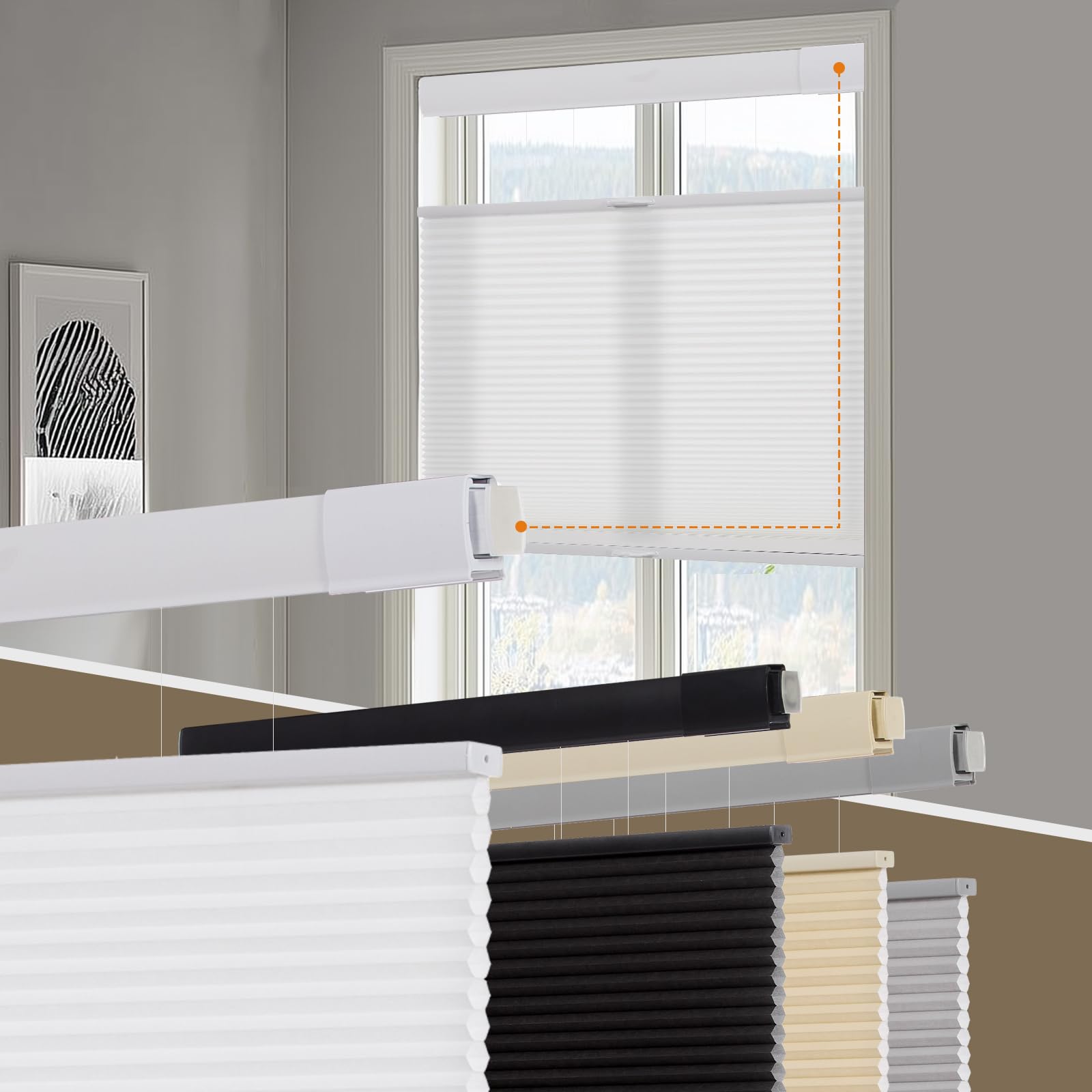 Persilux No Tools No Drill Light Filtering Cellular Shades for Windows Cordless Top Down Bottom Up Honeycomb Blinds,Easy to Install Cellular Blinds for Indoor Windows, White, 27.5" W x 64" H
