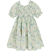 SEEFOR 2026 Premium Girls Floral Puff Sleeve Smocked Midi Dress, Pastel Multicolor Print with Tiered Ruffle Hem & Square Neck