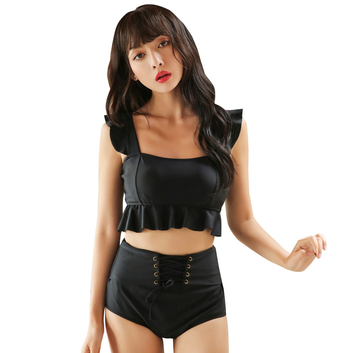 タンキニ B07crr6gj8 L ブラック 黒 フリル ビキニ ブラック Osyarevo 水着 レディース 体型カバー 大きいサイズ バンドゥ ワンピース 割引価格 Rumble Media