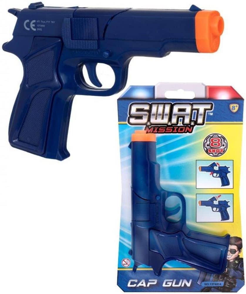 HTI SWAT Mission Blue Plastic Toy Gun, 8 Shot Ring Cap, Ideal for Police and Spy Playset, Boys Toy